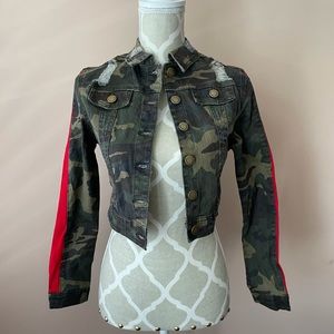 Camo red detail distressed crop jean jacket